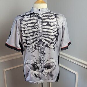 PRIMAL Gray Black Skeleton Rib Cage Print Full Zip Performance Cycling Jersey XL